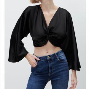 Zara Black Satin Effect Knot Crop Top NWT Size S